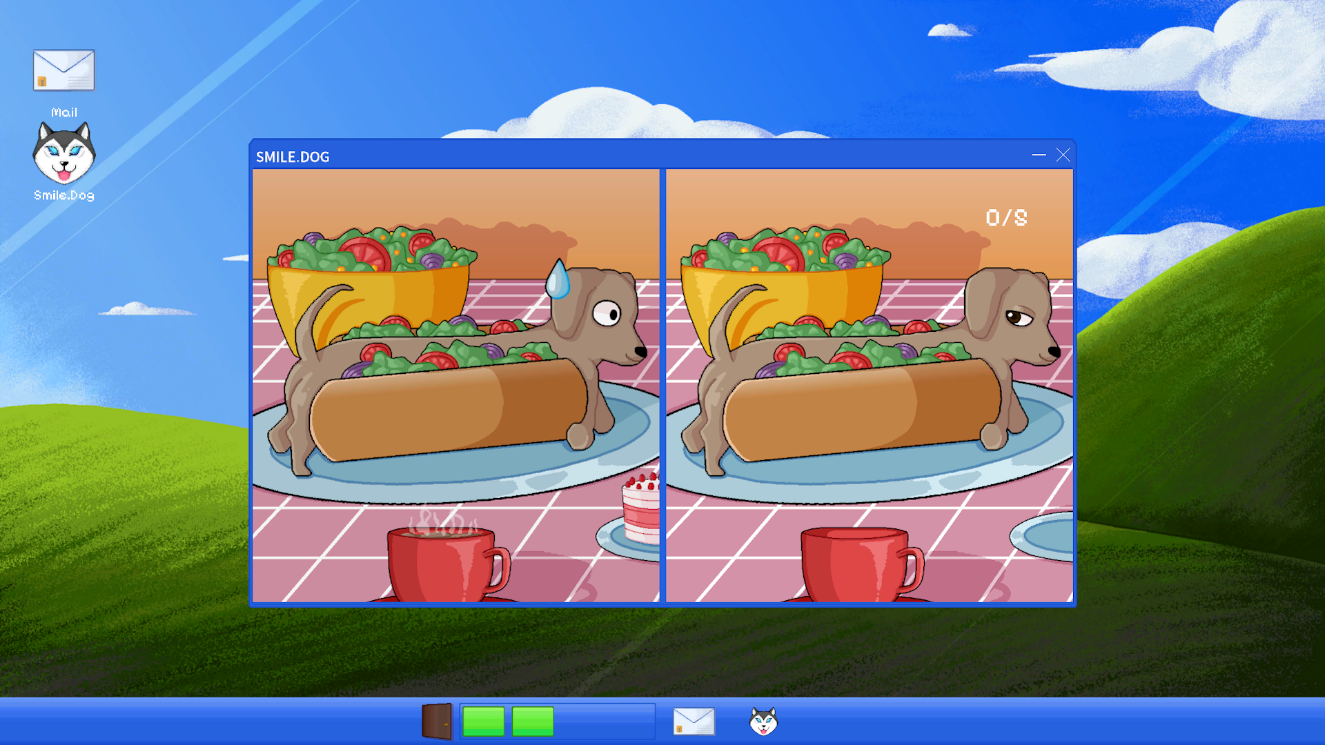 Smile Dog screenshot showing cartoon illustration of dachshund with food in find-the-difference gameplay