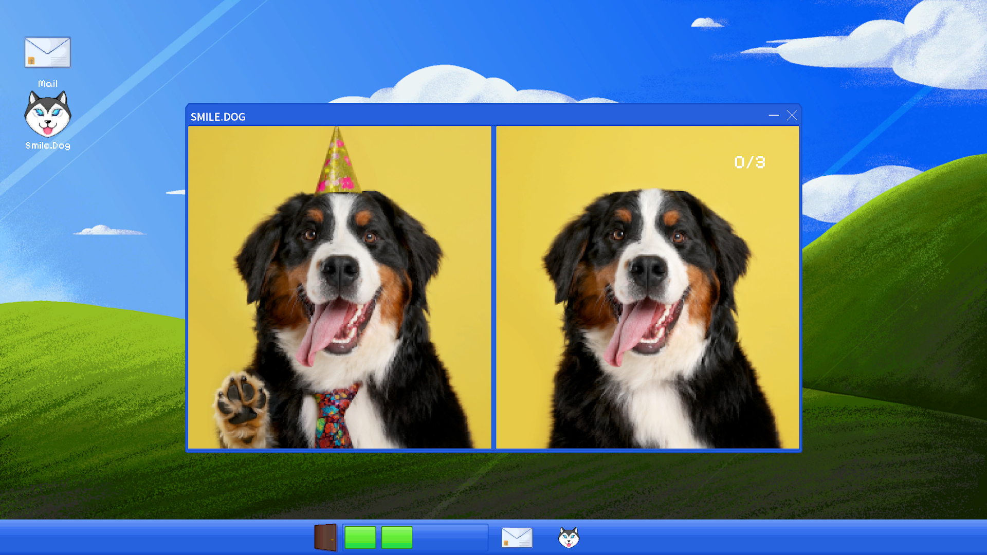 Smile Dog screenshot showing two photos of a Bernese Mountain Dog with party hat in find-the-difference gameplay